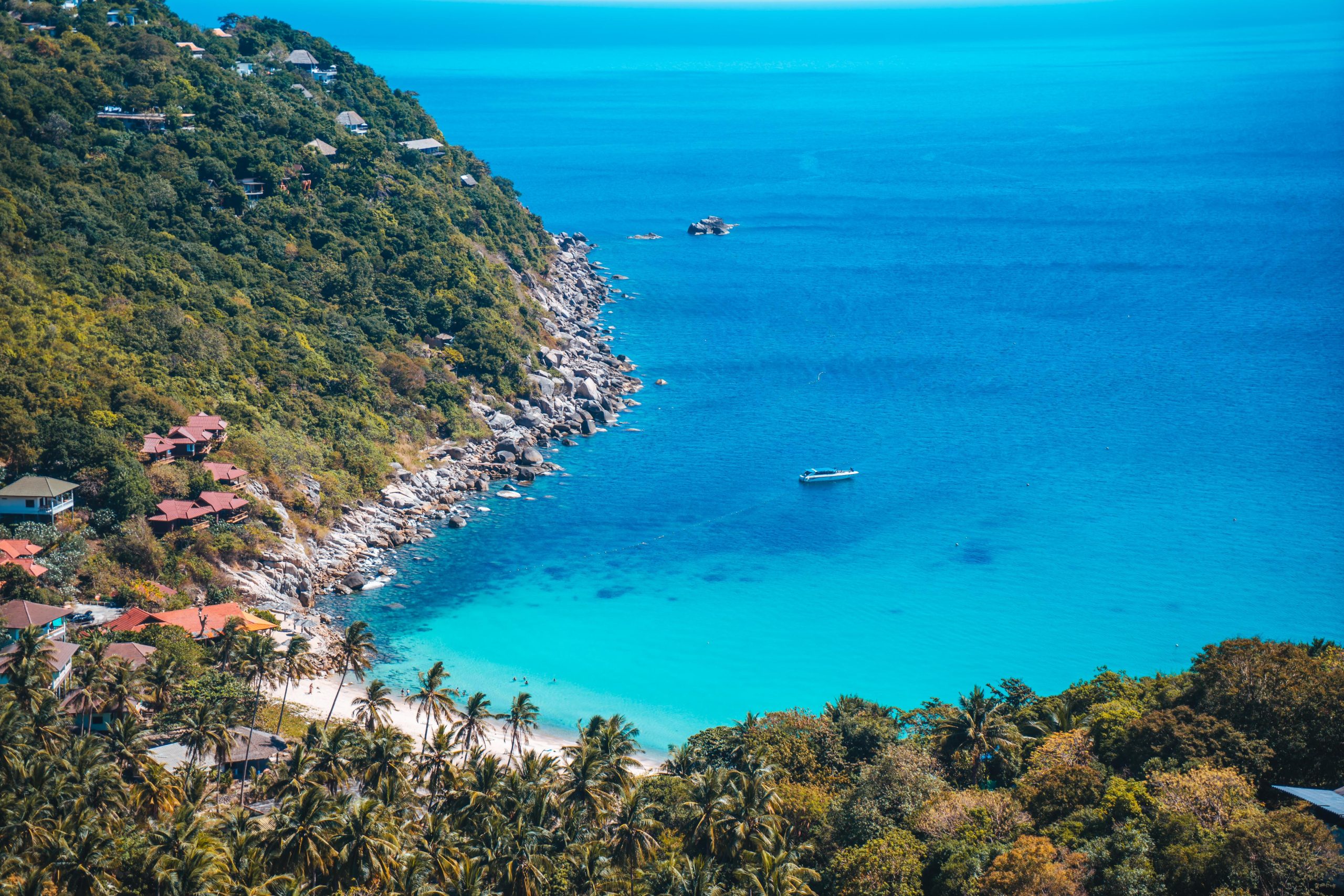 Chalok Baan Kao bay from the air, one of the quieter corners of Koh Tao