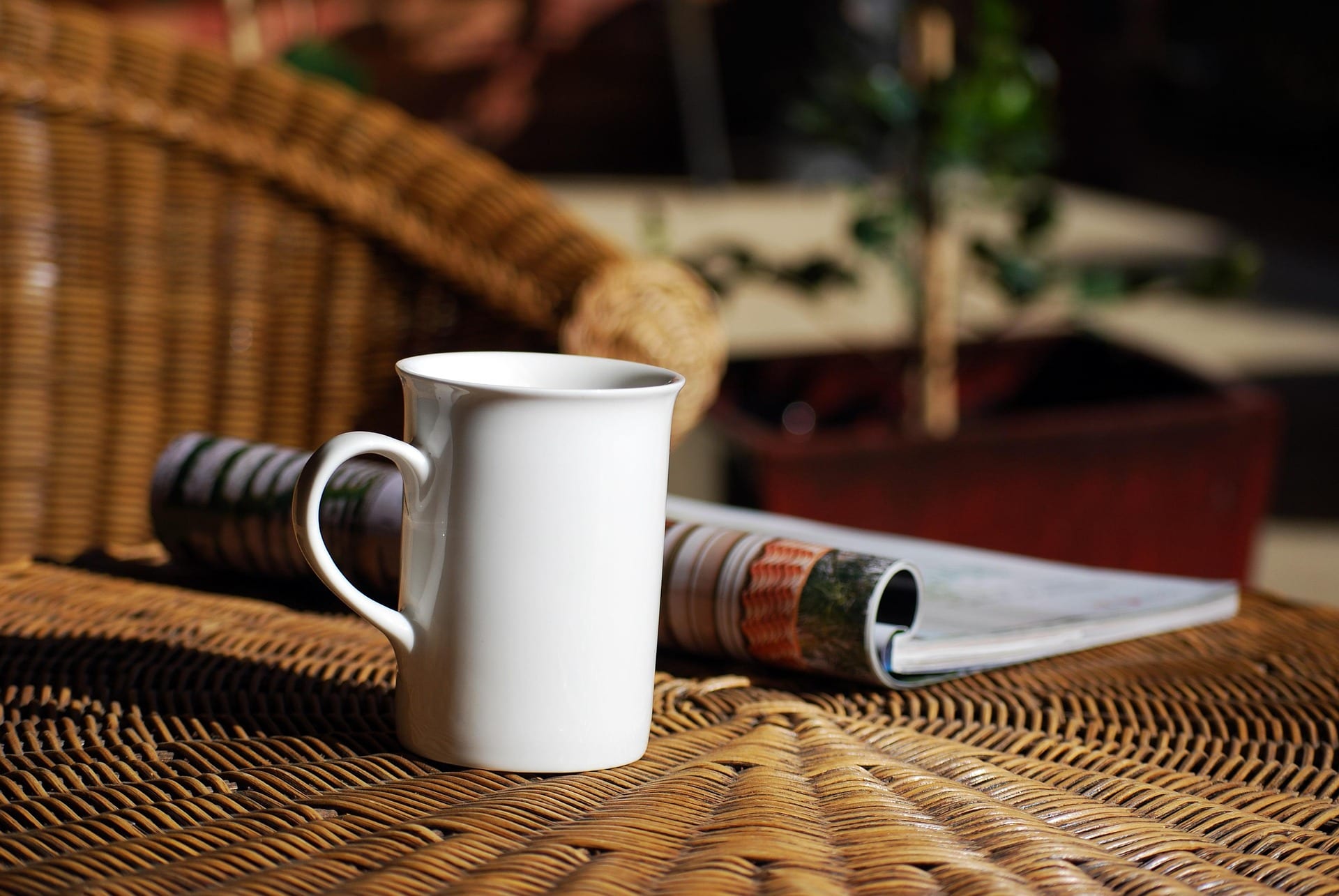 A flat white on a rattan table, the standard Koh Tao morning